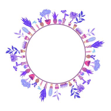 Yuvarlak kare ev çiçek süslemeleri raflar ile tencere. Nesneleri ayrı arka plan. Kartları, davetiyeler ve yaratıcılık için vektör öğesi