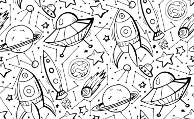 El ile Dikişsiz siyah-beyaz desen yıldız, uzay gemileri ve UFO kontur çocuk çizimleri çizilmiş. Vektör doodle doku duvar kağıdı, tekstil, arka plan ve tasarım için