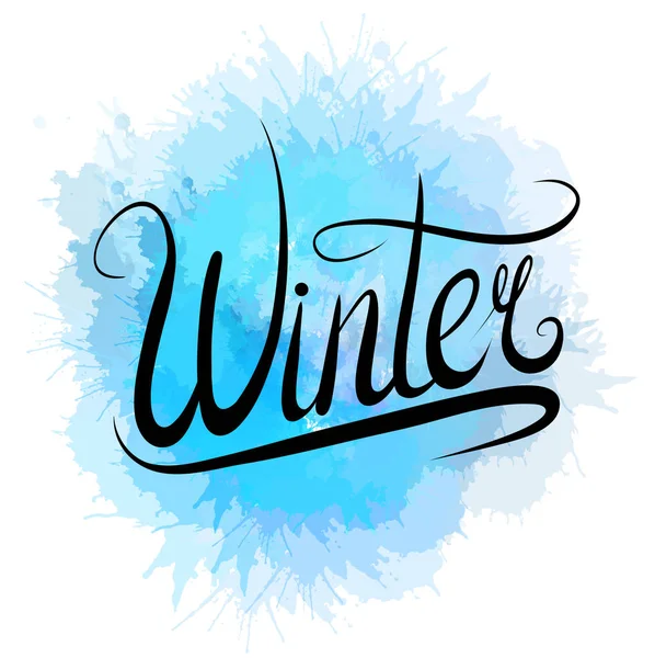 Belettering Winter Met Hand Geschreven Met Blauwe Aquarel Spatten Kalligrafische — Stockvector