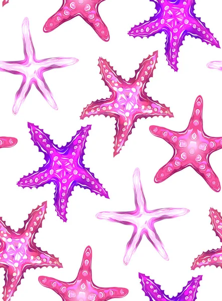 Starfishes Beyaz Zemin Üzerine Neon Karikatür Çizimleri Ile Sorunsuz Doku — Stok Vektör