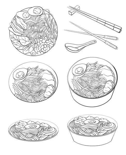 Kontur Siyah Beyaz Çizgi Film Ramen Farklı Açılardan Içinde Illustration — Stok Vektör