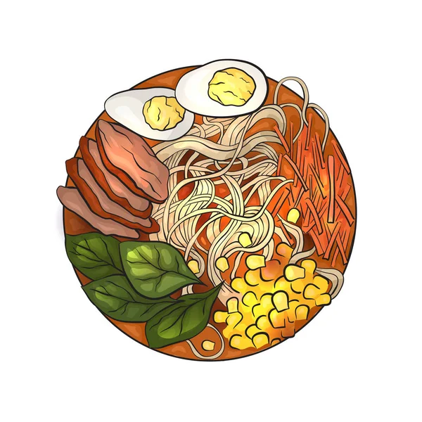 Dibujos Animados Para Colorear Ilustración Ramen Diferentes Ángulos Fideos Elemento — Vector de stock