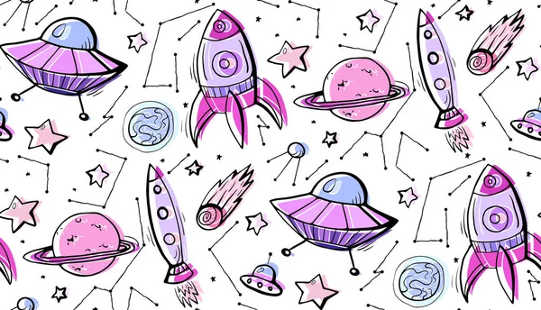 宇宙船や Ufo の輪郭のカラフルなイラストのシームレスな子のパターン ラップ ファブリック あなたの創造性のベクトル パターン — ストックベクタ