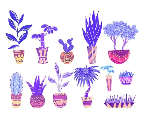 Conjunto Flores Dibujos Animados Neón Macetas Con Decoraciones Objetos Separados — Archivo Imágenes Vectoriales