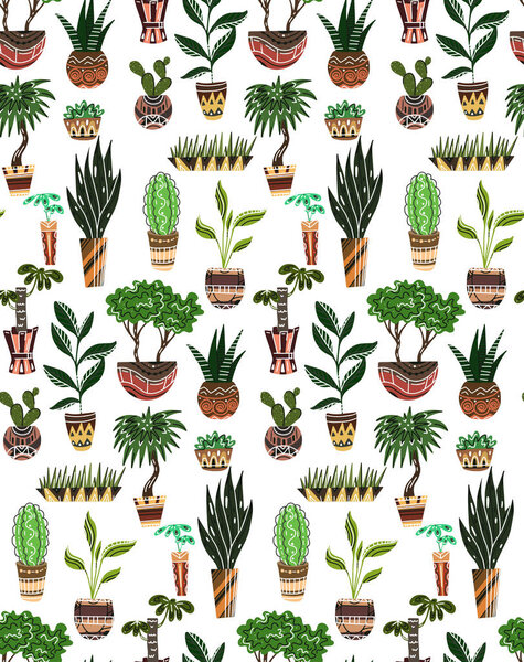 Seamless texture with of cartoon home flowers in pots with decorations on white background. Vector pattern for fabrics, wallpapers, backgrounds and your creativity