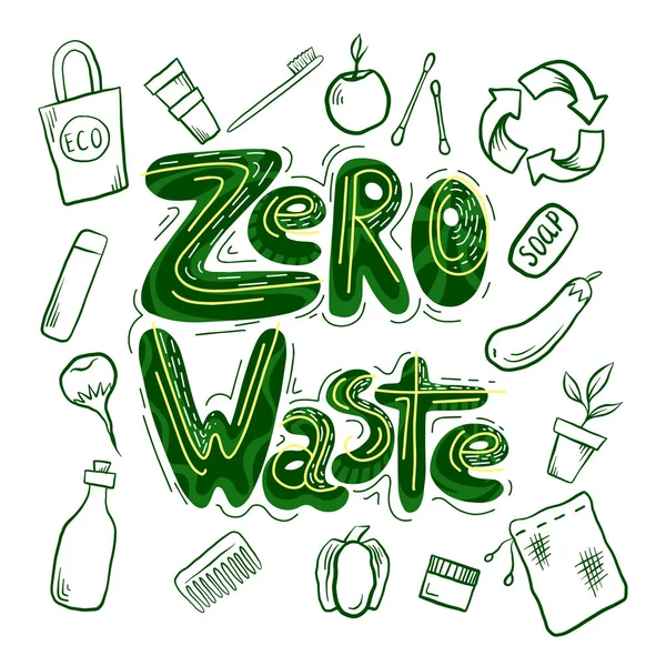 Handschriftlicher Grüner Schriftzug Null Abfall Mit Umweltfreundlichen Objekten Ökologische Illustration — Stockvektor