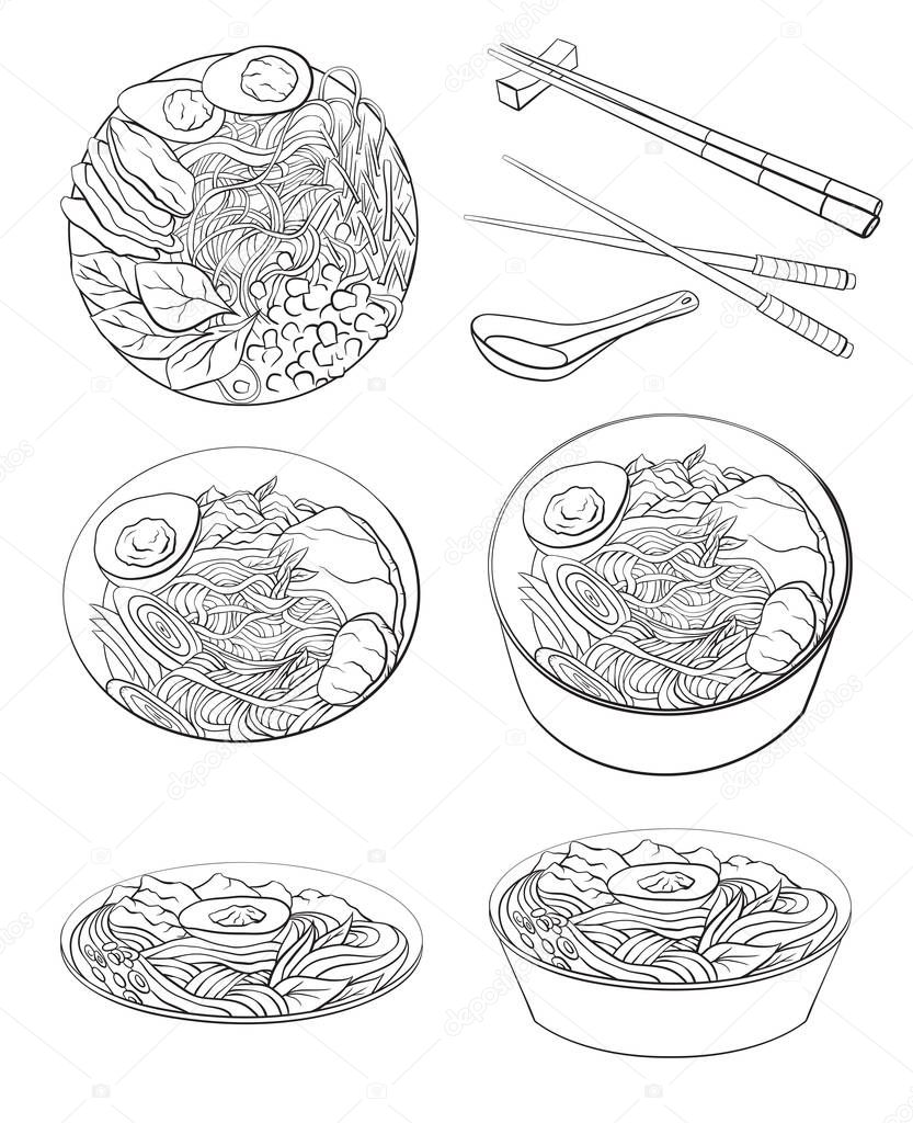 Contour black and white cartoon illustration of  ramen in different angles. Noodles. Vector element for the menu, card, coloring pages and your creativity.