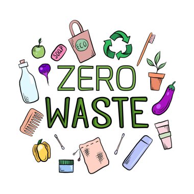 Yazıt sıfır atık çevre dostu nesnelerle. Ekolojik illüstrasyon. Arka plandan ayrı bir nesnedir. Tasarımınız için vektör öğesi