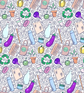El ile Seamless modeli sıfır atık nesneleri ve swirls beyaz arka plan üzerinde çizilmiş. Vektör doodle doku duvar kağıdı, tekstil, arka plan ve tasarım için
