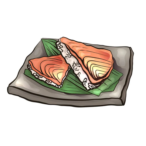 Coloriage Illustration Dessin Animé Nourriture Japonaise Avec Riz Saumon Sur — Image vectorielle