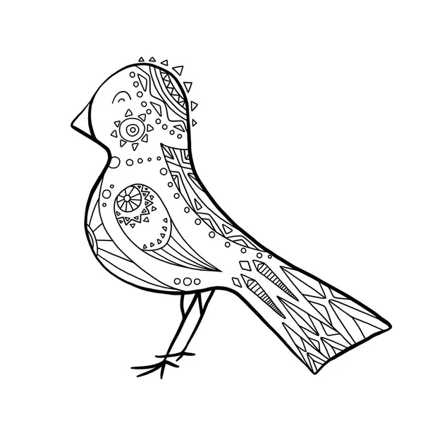Carino Uccello Dei Cartoni Animati Con Modello Boho Illustrazione Lineare — Vettoriale Stock