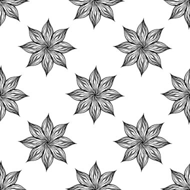 Beyaz arka planda siyah dalgalı çiçekler ile Seamless modeli. Kumaşlar, duvar kağıtları ve yaratıcılık için vektör dokusu.