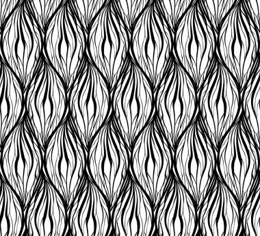 Dalgalı saç hatları ile siyah beyaz doku. Dikey örgüler ve zincirleri. Vektör desen kumaş duvar kağıdı ve yaratıcılık için