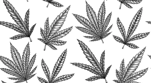 无缝的黑色和白色的图案与大麻的叶子与孵化 矢量雕刻纹理的面料 壁纸和您的创造力 — 图库矢量图片
