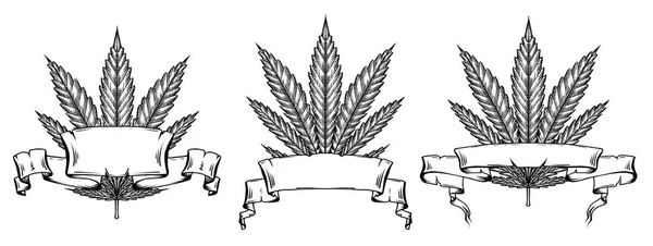 Conjunto Hojas Marihuana Con Cintas Sobre Fondo Blanco — Vector de stock