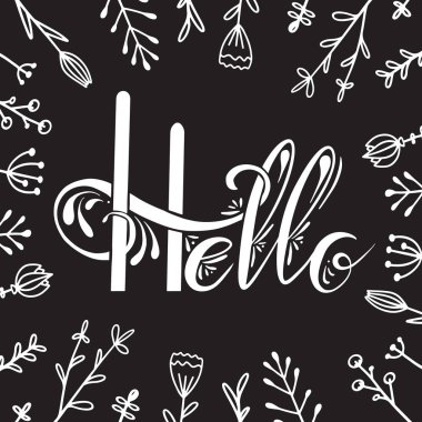 El yazısı harfler Merhaba süslemeleri ve doodle çiçeklerle. Kare tebrik kartı.