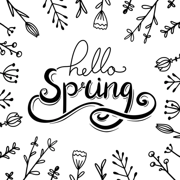 Hola, Letras manuscritas de primavera con flores de garabato. Tarjeta de felicitación Squarel . — Archivo Imágenes Vectoriales