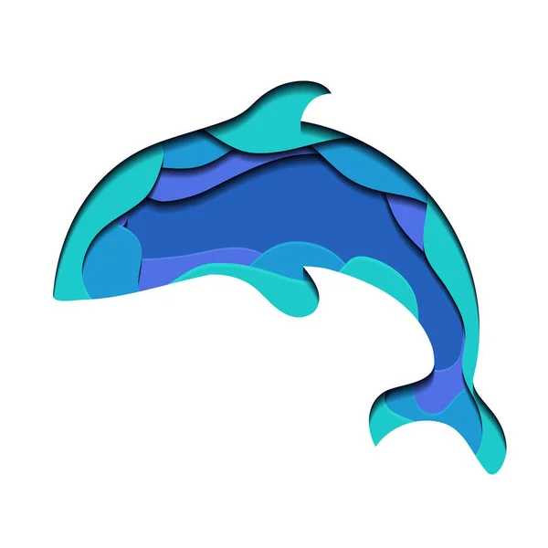 Illustration der Silhouette eines Grampus mit aus Papier geschnittenem 3D-Element in blauen Farben. Schwertwal. — Stockvektor