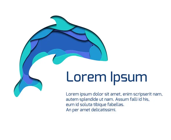 Banner met ssilhouette van grampus met 3d element knippen uit papieren in blauwe kleuren. Orka. Vector zomer sjabloon — Stockvector