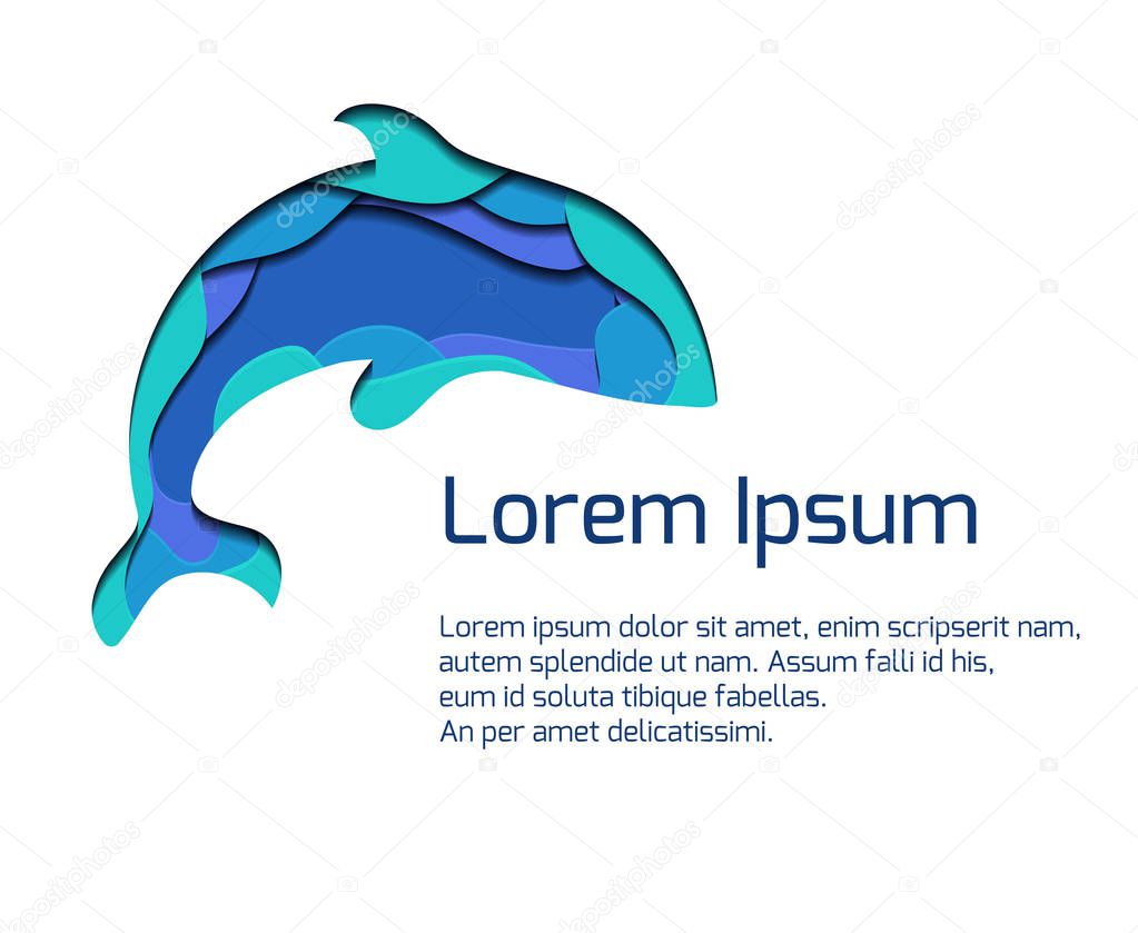 Banner with ssilhouette of grampus with 3d element cut out of paper in blue colors. Killer whale.  Vector summer template for presentations, banners, flyers and your design.