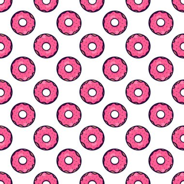 Beyaz arka plan üzerinde şirin, kawai pembe çörek ile sorunsuz doku. Vektör desen Tekstil, kumaş, ambalaj kağıdı, kartlar ve tasarımınız için