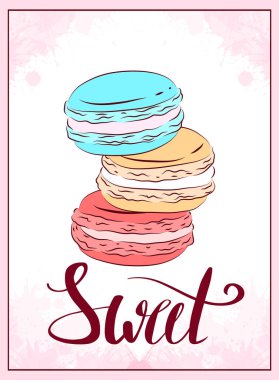 Acıbadem kurabiyesi, pembe suluboya sıçraması ve tatlı elle çizilmiş yazı renkli çizim ile hassas kartı. Fırça hat. Menüler, tebrik kartları, davetiyeler ve tasarımınız için vektör şablon