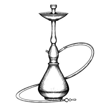 Siyah beyaz tarama ile nargile Illustration. Vektör oyma öğe için menü, kartları ve tasarım.