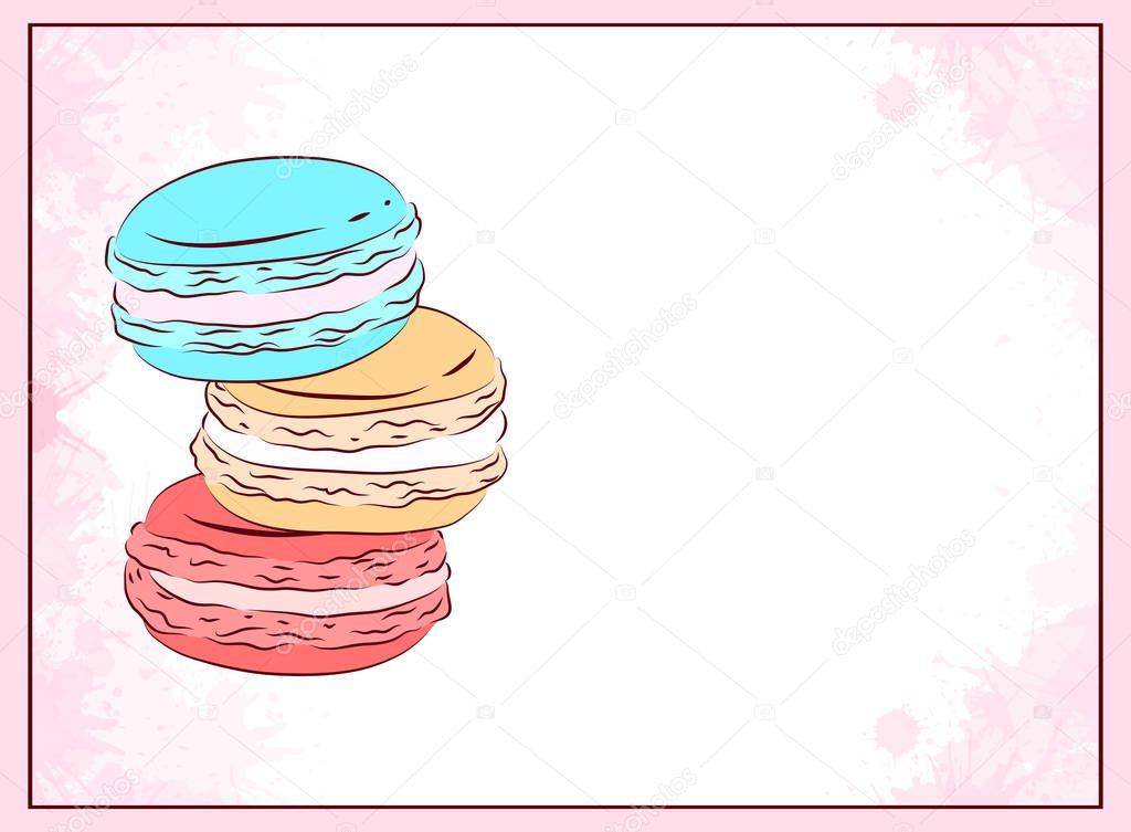 Delicate card with colored drawing of macaroon, pink watercolor splashes and place for text.  Vector template for the menus, greeting cards, invitations, and your design