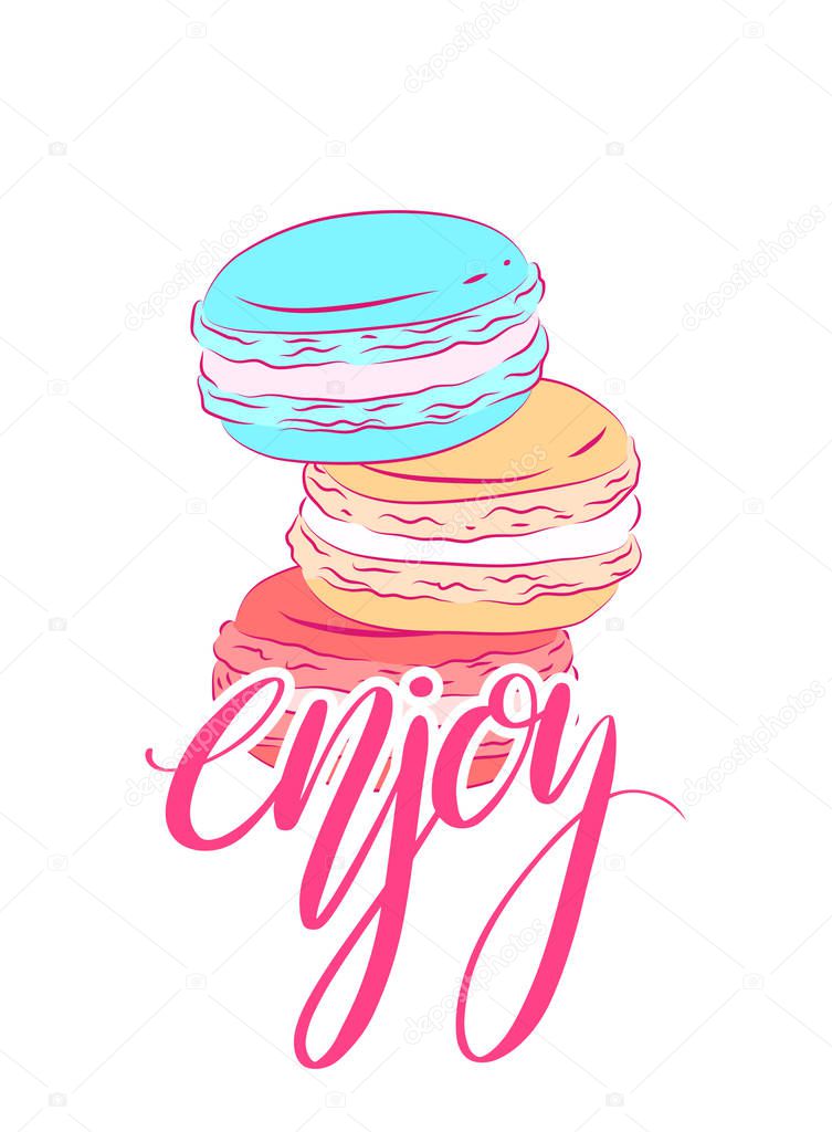 Delicate card with colored drawing of macaroon and Enjoy hand drawn lettering. Brush calligraphy.  Vector template for the menus, greeting cards, invitations, and your design