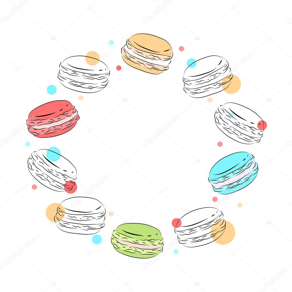 Round frame of delicate contour macaroons with multicolored dots. Vector template for cards, makeup, menu and your creativity