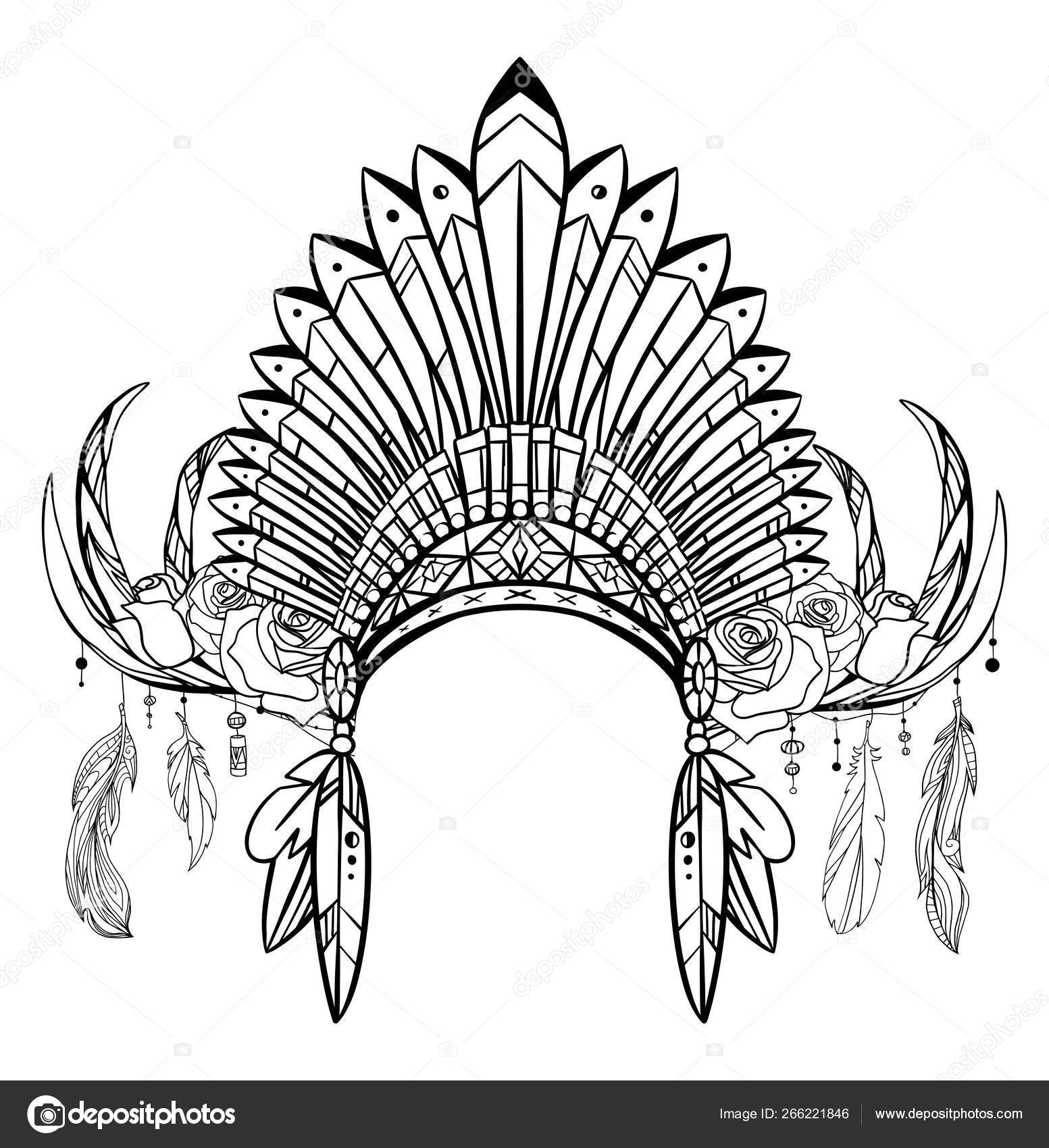 Desenho Esboço Gorro Nativo Índio Com Penas Decorações Desenho Chifres  Vetor de ©veleri 266221846, image size:1553x1700