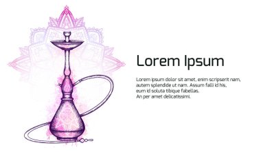 Kuluçka, pembe suluboya sıçramaları, süs ler ve arka planda zen mandala izleme ile nargile ile Yatay afiş. Metin için yer. Davet, tebrik kartı ve tasarımınız için vektör şablonu.