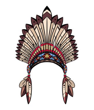 Tüyler ve süslemeleri ile Hint yerli kap Boyama çizim. Kabile kostümü. Dövme krokisi için vektör illüstrasyon, T-shirt ve tasarım baskı