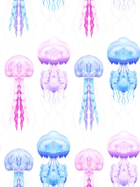 Beyaz arka planda Neon denizanası ile dikişsiz desen. Denizci sakinleri. Kumaşlar, duvar kağıtları ve yaratıcılığınız için vektör dokusu