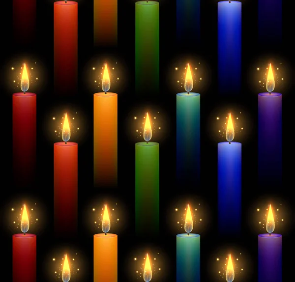 Seamless Pattern Rainbow Burning Candles Dark Background Vector Texture Clipping — Stock Vector