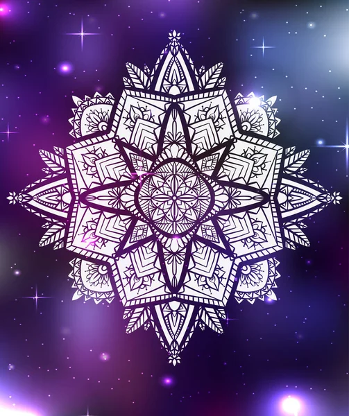 带波霍图案的禅宗曼达拉的矢量霓虹灯 带恒星和星云的空间背景 神奇的卡为您的创造力 — 图库矢量图片
