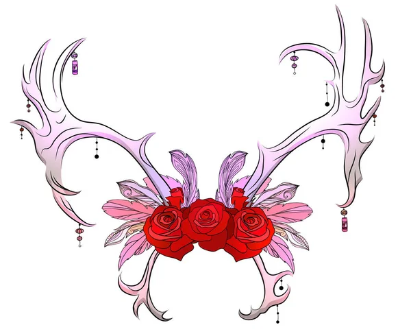 Цветной Рисунок Оленьих Рогов Перьями Бусами Розами Племенная Иллюстрация Векторный — стоковый вектор