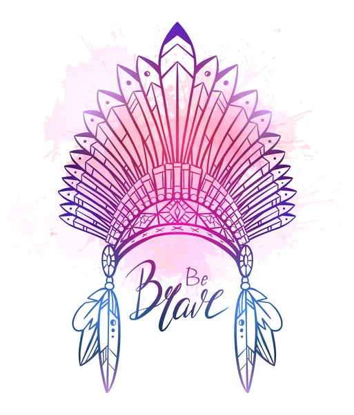 紫色の水彩の飛沫と勇敢な手描きの文字とインドのネイティブキャップのアウトライン描画 インスピレーションを引用し 部族の衣装 ベクトルイラスト — ストックベクタ