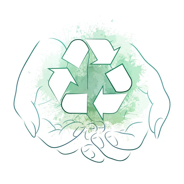 緑色の水彩画の飛沫でリサイクルの兆候を持つ手の輪郭描画 リサイクルと廃棄物ゼロ アイコン バナー デザインのエコロジカルベクトル要素 — ストックベクタ