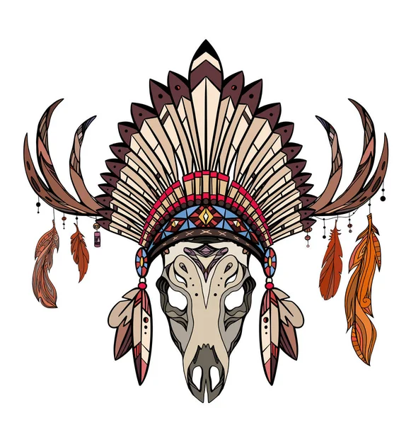 Dessin Colorier Crâne Cerf Avec Des Cornes Casquette Indigène Indien — Image vectorielle