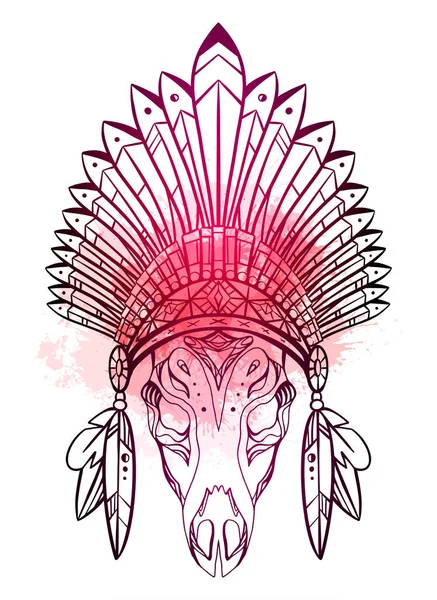 赤い水彩の飛沫とインドのネイティブキャップと鹿の頭蓋骨の描画 部族の衣装タトゥーのスケッチ Tシャツとデザインの印刷のためのベクトルイラスト — ストックベクタ