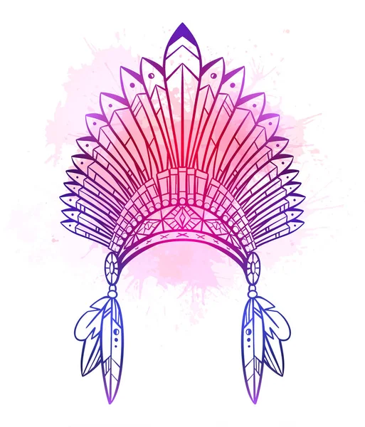 Schéma Dessin Casquette Indigène Indien Avec Plumes Décorations Éclaboussures Aquarelle — Image vectorielle