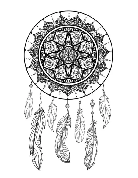 Mystical Illustration Dreamcatcher Boho Tracery Pattern Feathers Beads White Background — Stock Vector