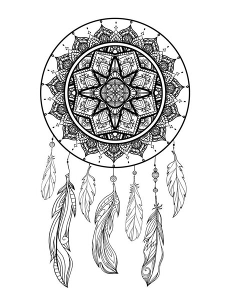 Mystical illustration of a dreamcatcher with a boho tracery pattern, feathers with beads on a white background. Vector magic tribal card for coloring pages and your creativity.