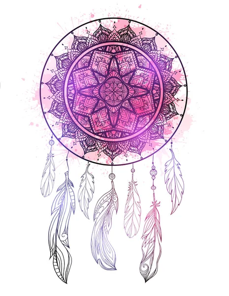 神秘插图的梦捕手与博霍痕迹图案 羽毛与紫色水彩飞溅在白色背景 矢量魔法部落卡打印在T恤和你的创造力 — 图库矢量图片