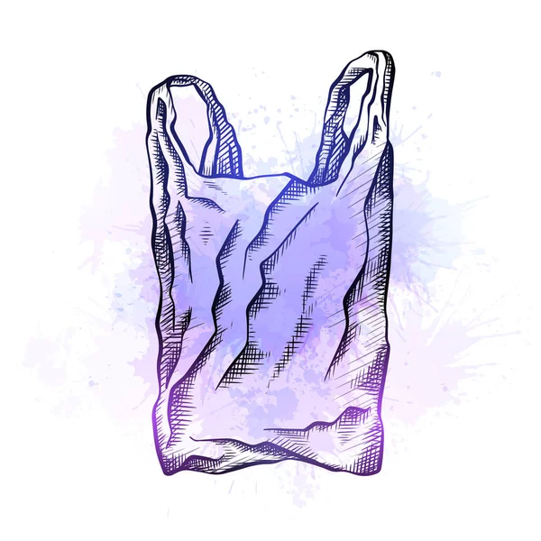 带孵化和紫色水彩飞溅的塑料袋线条图 环境污染 对象与背景分离 矢量涂鸦绘图为您的创造力 — 图库矢量图片