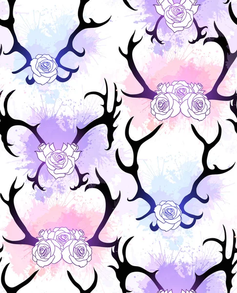 鹿とエルクの角の黒いシルエットと花と穏やかに水彩画が白い背景に飛び散るシームレスなパターン スクラップブッキング テキスタイル デザインのためのベクトルテクスチャ — ストックベクタ