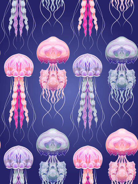 Seamless pattern with Neon jellyfish  in depth. Marine residents. Vector texture for fabrics, wallpapers and your creativity