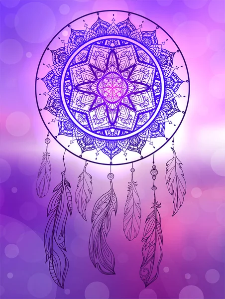 Mistyczne Ilustracji Dreamcatcher Wzorem Boho Trakery Pióra Koralikami Niewyraźne Wschód — Wektor stockowy