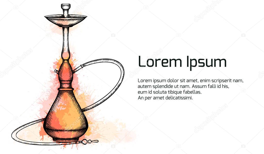 Horizontal banner with hookah with hatching and warm orange and yellow watercolor splashes.  Place for text. Vector template for invitation, greeting card and your design.